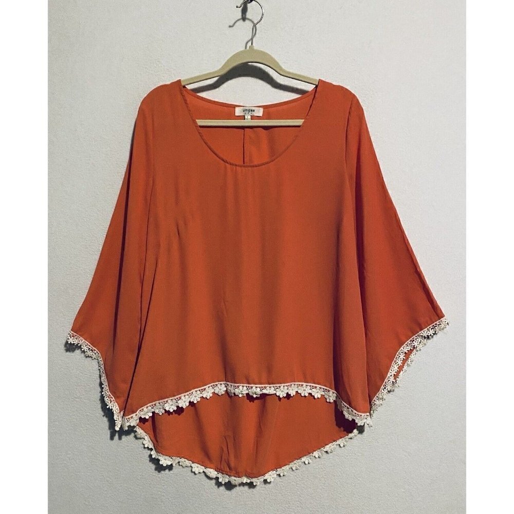 Umgee Top Womens Large Bell Sleeve Crochet Trim Hi Low Split Back Coral Orange